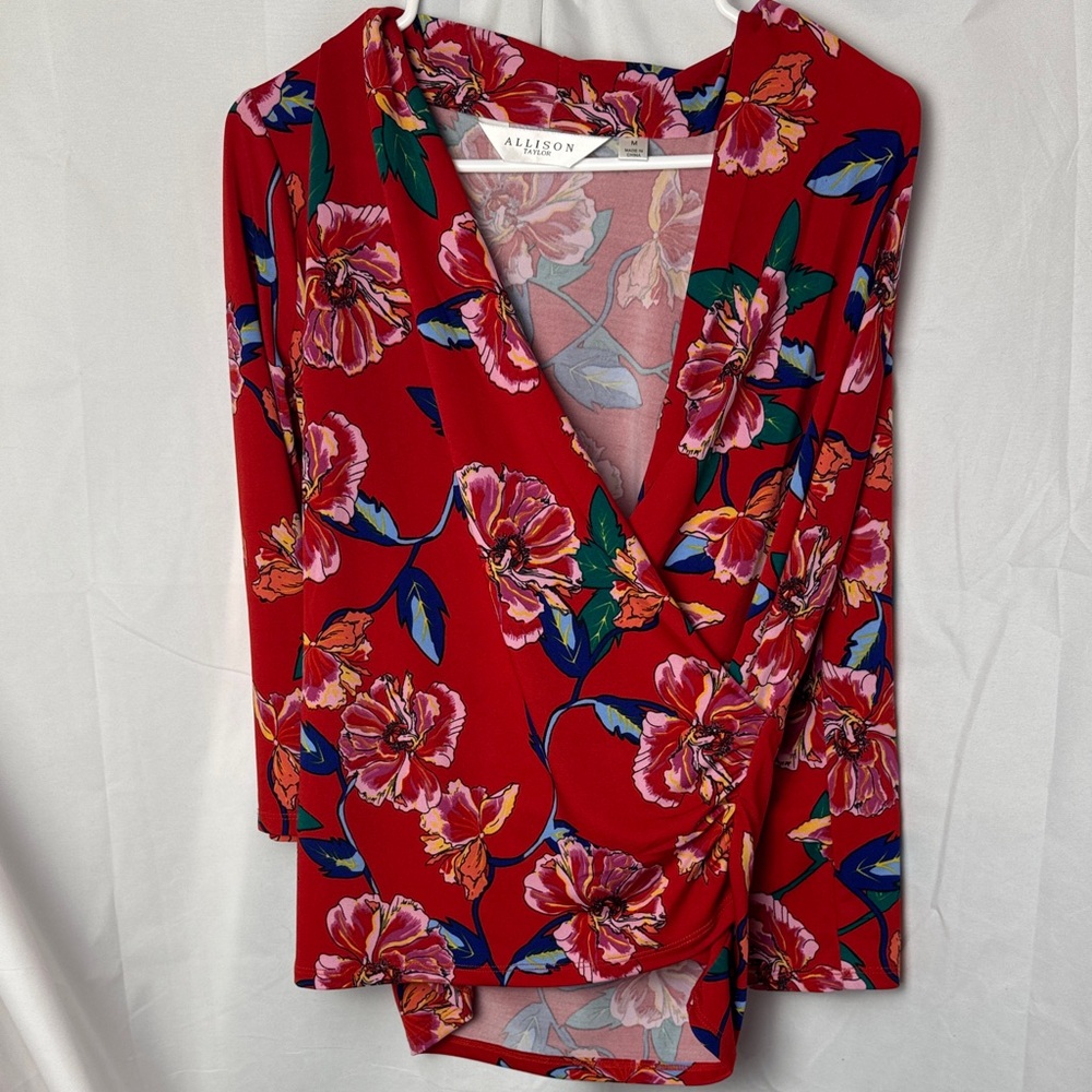 ALLISON TAYLOR Red Floral Wrap Blouse - Size Medium - Great Condition